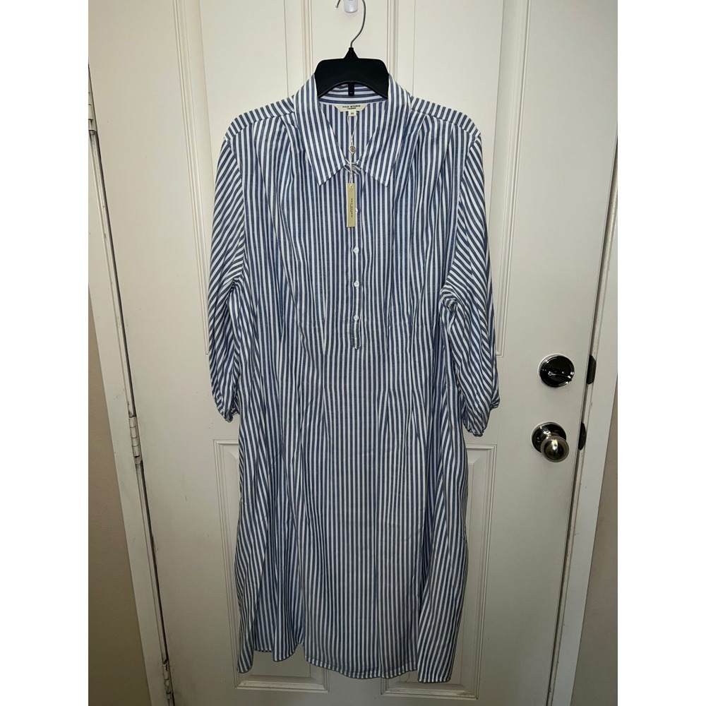 NWT Max Studio Womens Blue White Striped Smocked Back Shirt Dress Sz 2X